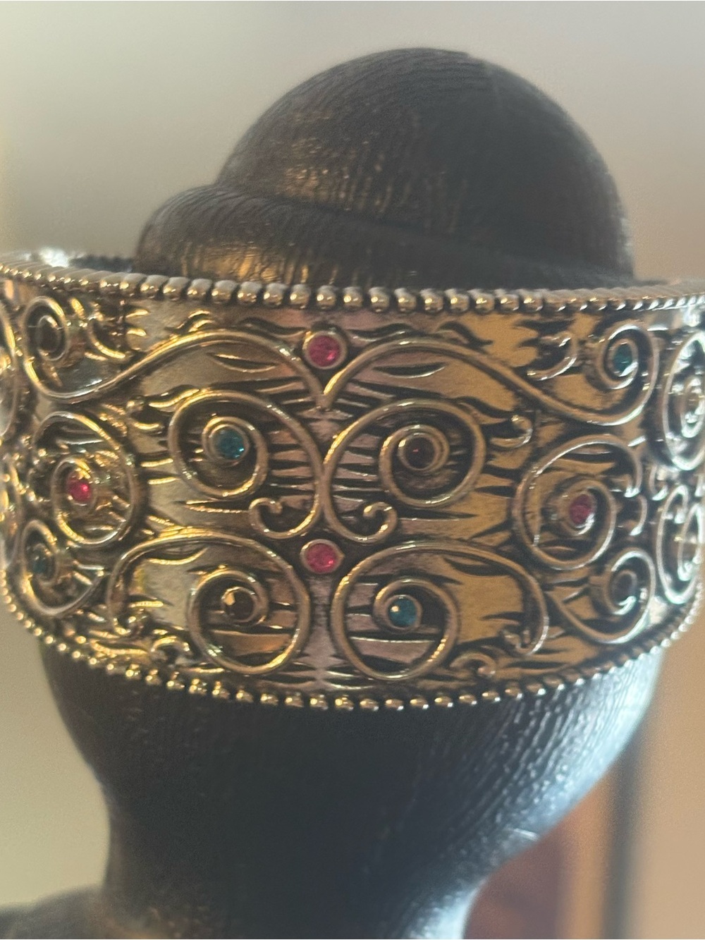 Elegant Filigree Silver-Tone Cuff Bracelet with Colored Accents